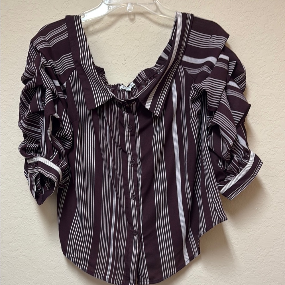 Charolette Russe Striped Women's Button up off the shoulder- Burgundy and White